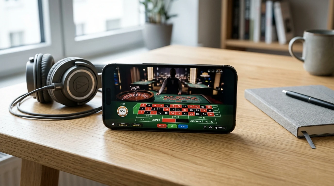 Smartphone mit neutraler Live-Roulette-Oberfläche und stabiler Videoübertragung