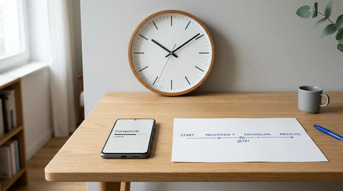 Wanduhr und Smartphone mit Fortschrittsanzeige neben einer Zeitleiste