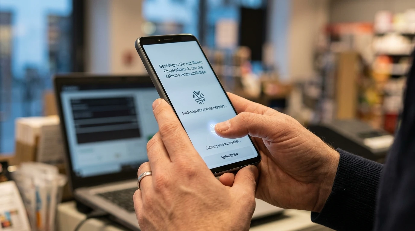 Hände geben eine Einzahlung per Fingerabdruck auf dem Smartphone frei