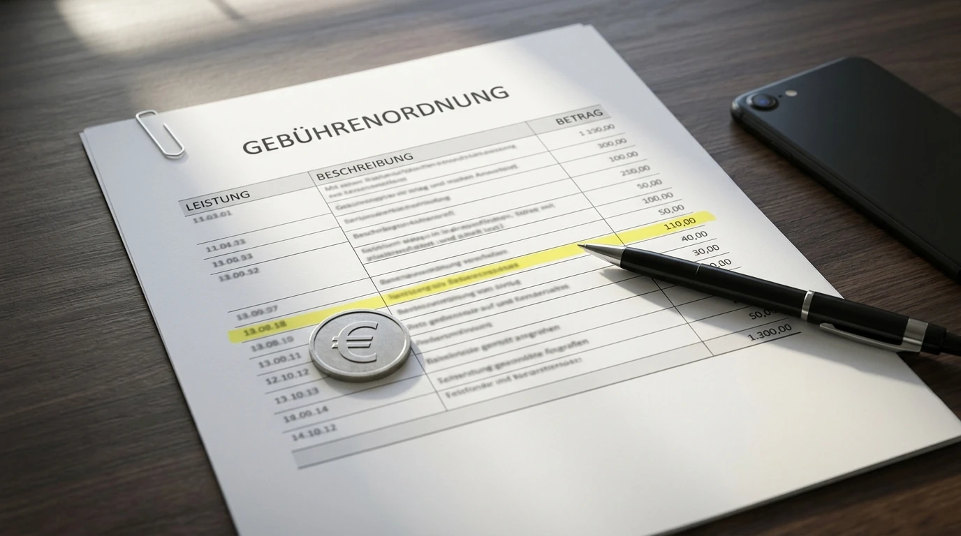 Gebührenübersicht mit Euro-Zeichen-Token und Stift auf dunklem Schreibtisch