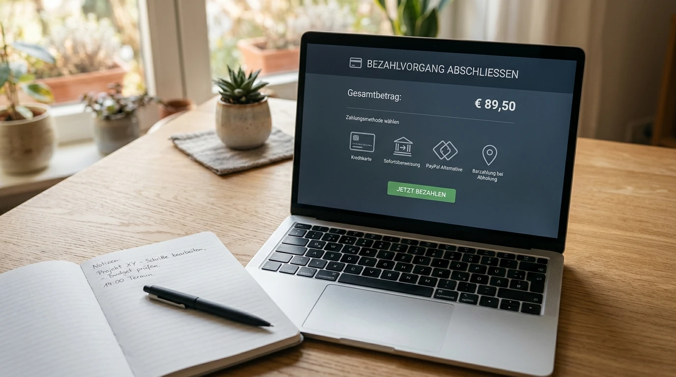 Laptop mit neutraler Kasse und verschiedenen Zahlungssymbolen ohne Markenlogo