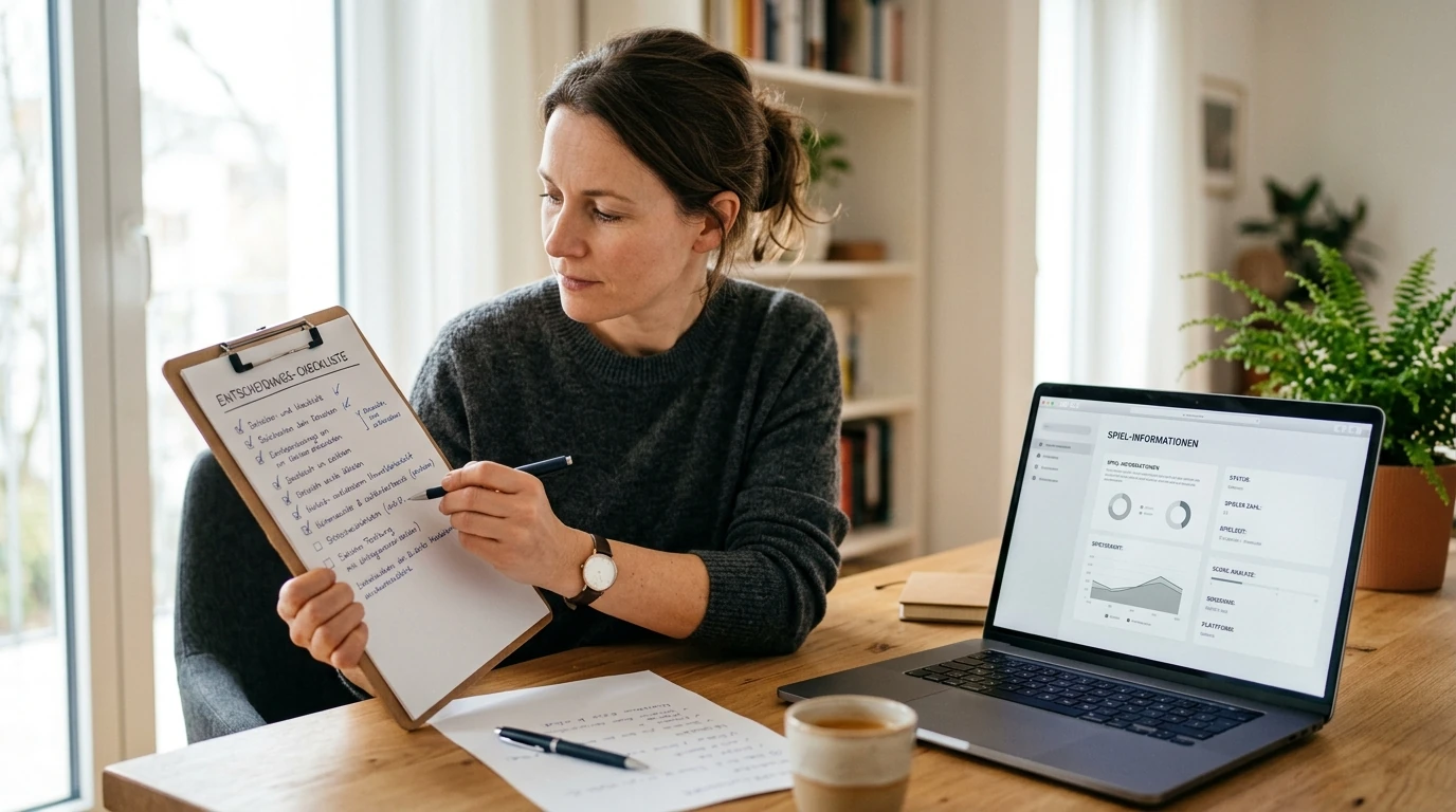Handschriftliche Checkliste für die Auswahl eines legalen Online-Spielautomaten