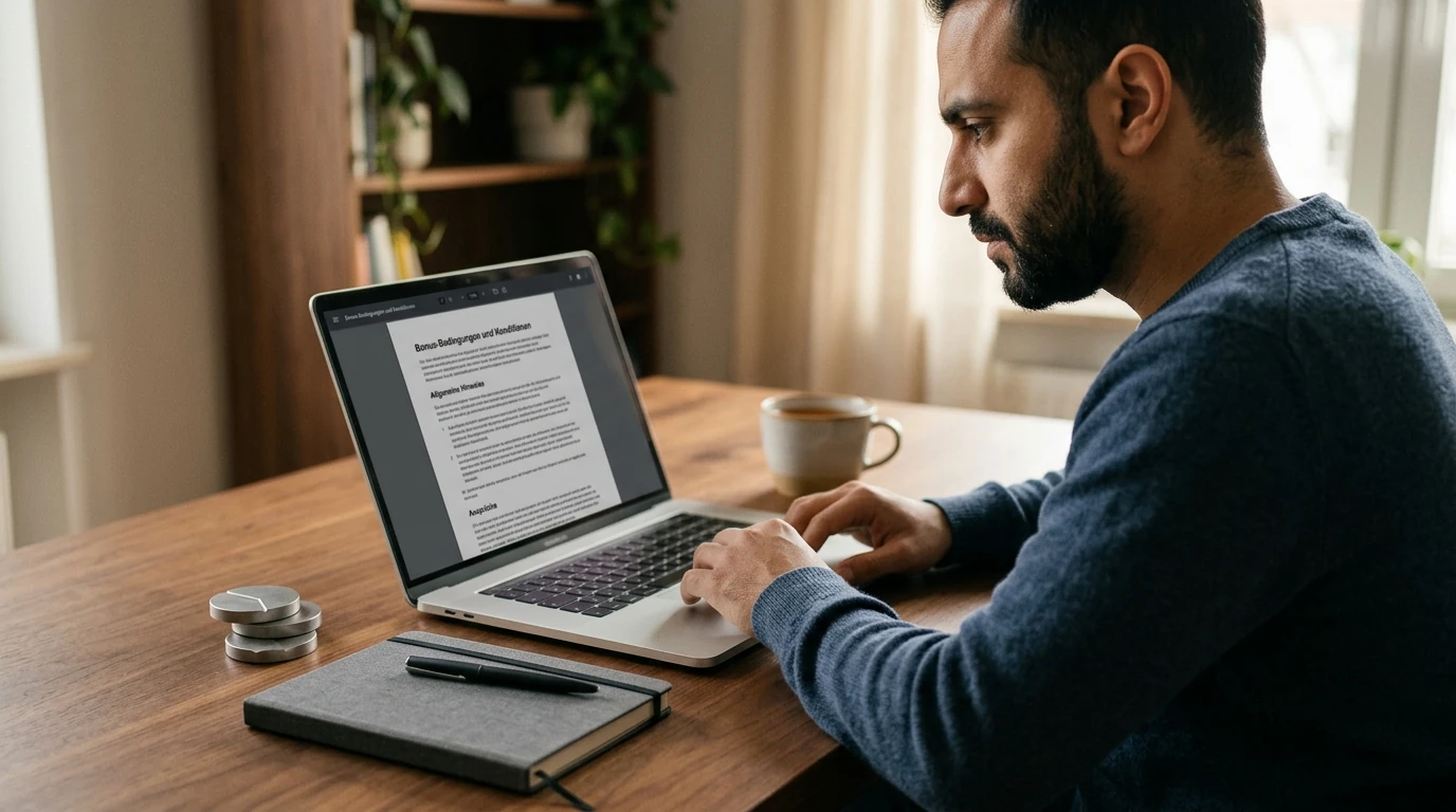 Person liest Bonusbedingungen und Freispiele an einem neutralen Laptop