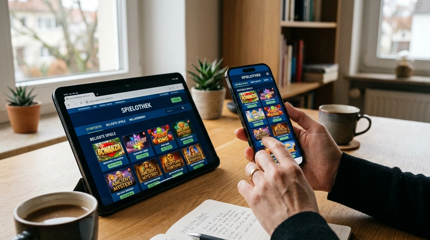 Smartphone und Tablet mit neutraler Browser-Oberfläche einer Online-Spielothek