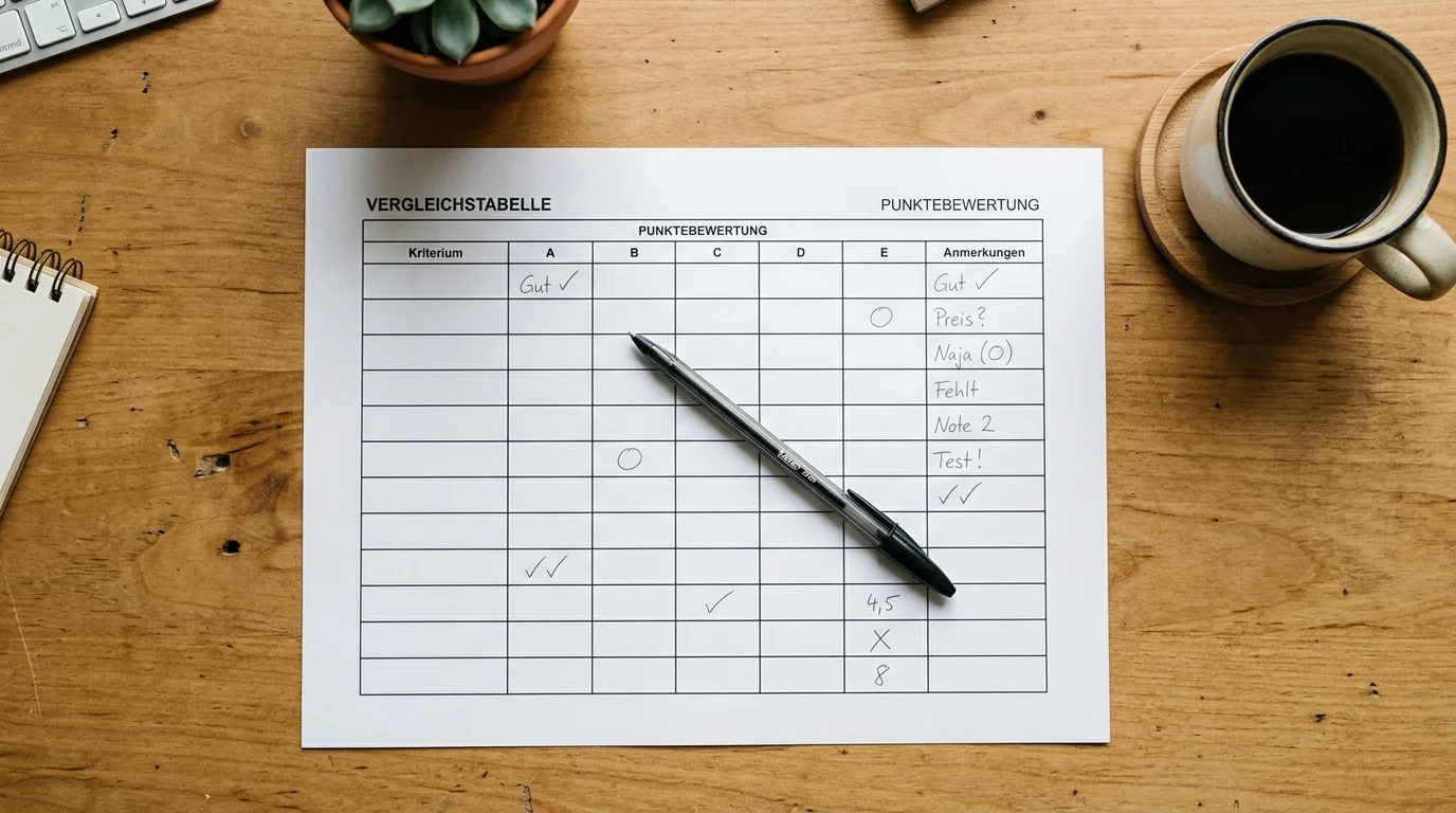 Schreibtisch mit ausgedruckter Vergleichsübersicht der Anbieter mit PayPal und handschriftlichen Notizen