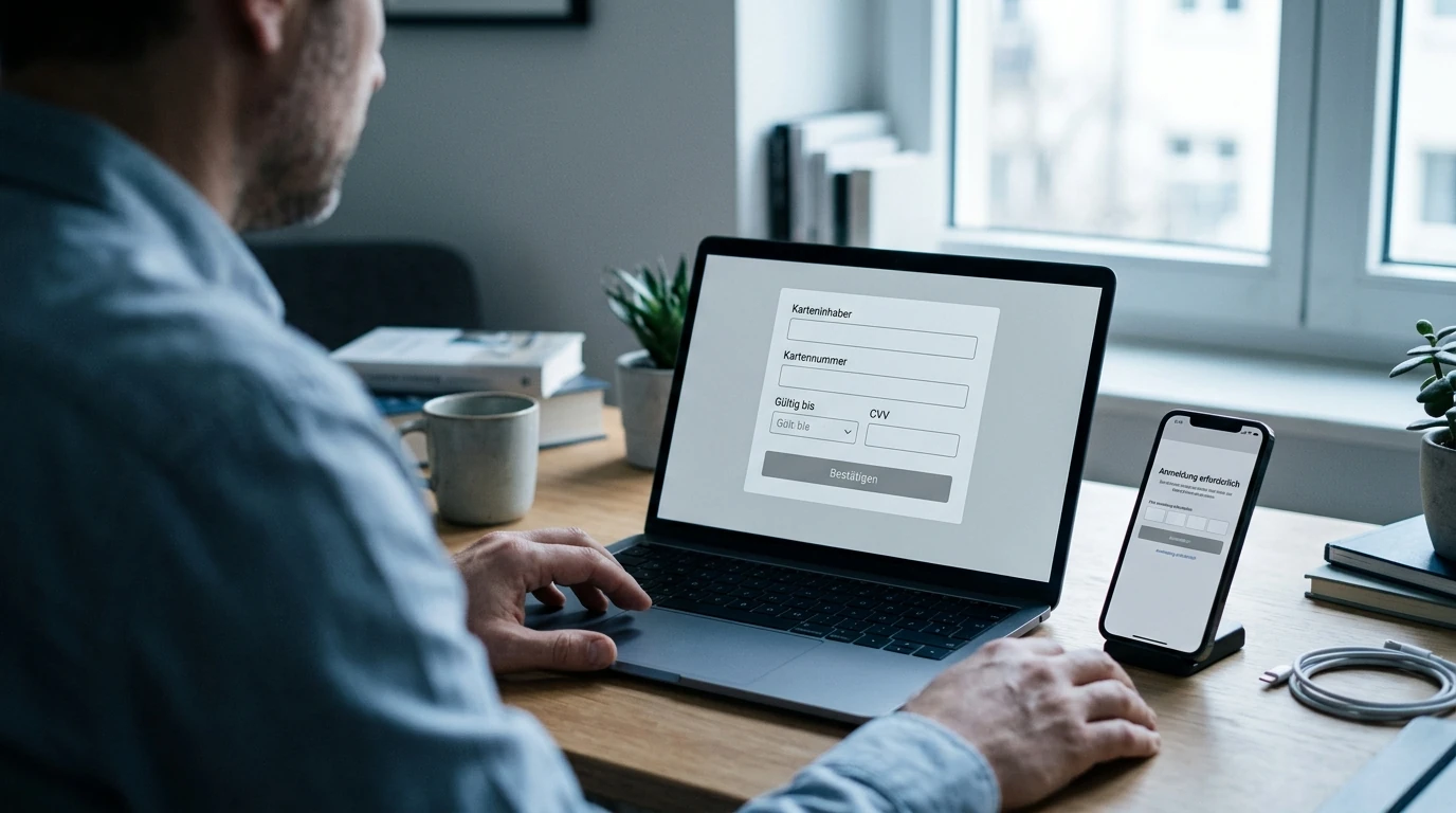 Person am Laptop bei der Bestätigung einer Einzahlung per PayPal im Kassenbereich eines Anbieters