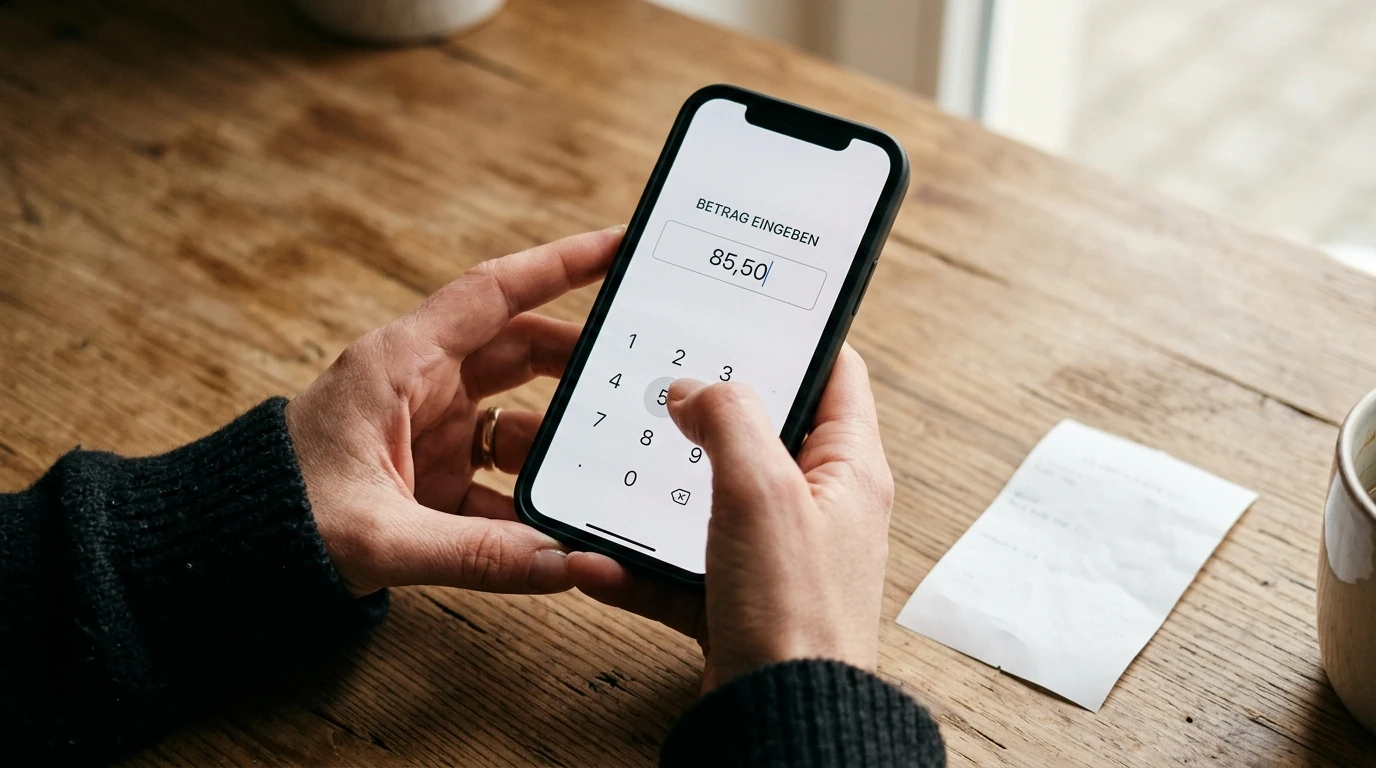 Hände geben einen Zahlencode am Smartphone in ein neutrales Zahlungsfeld ein