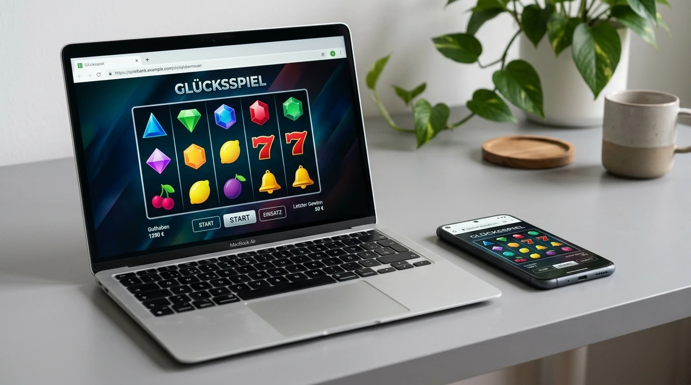 Laptop und Smartphone zeigen dasselbe Automatenspiel ohne Download im Browser