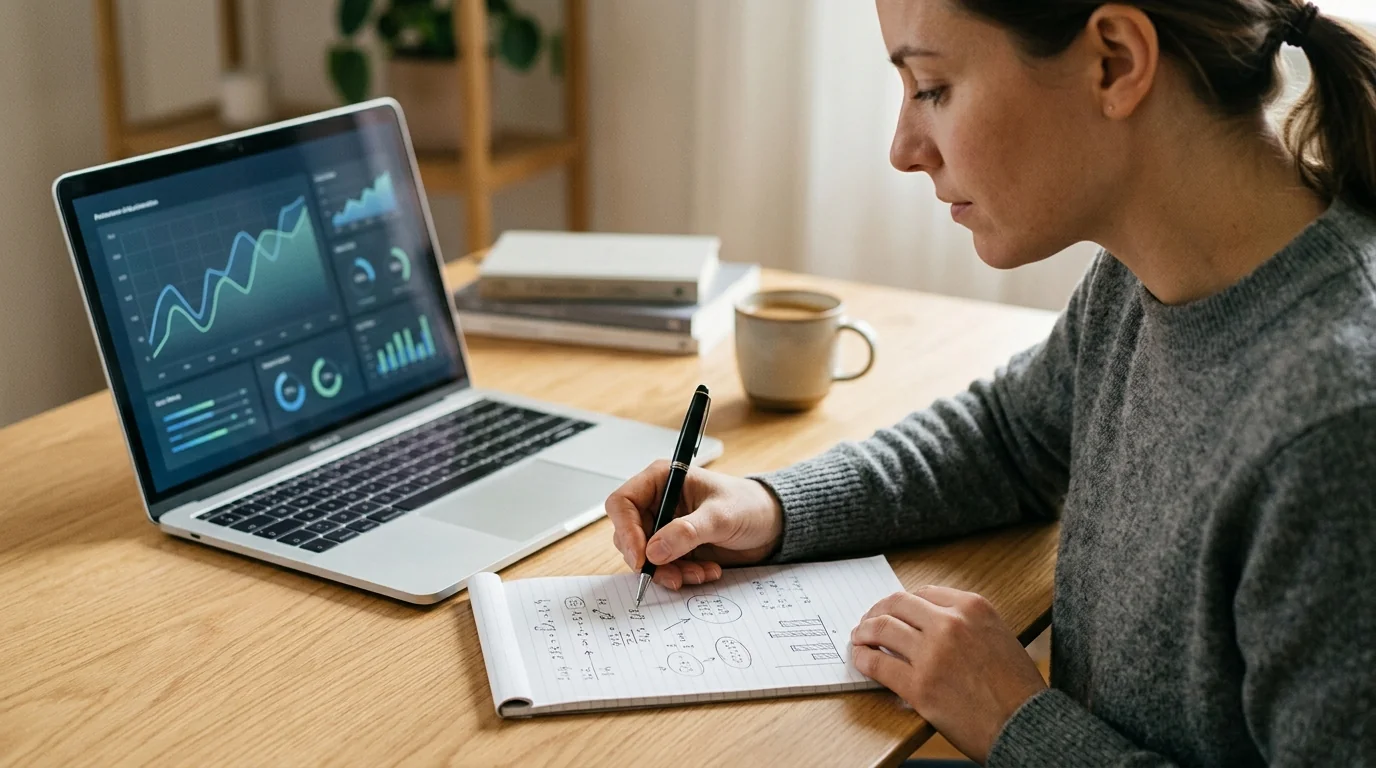 Person berechnet den echten Wert eines Bonus ohne Einzahlung mit Stift und Notizblock