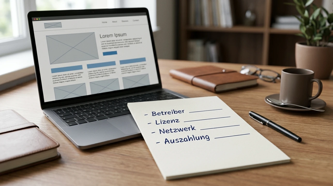 Prüfliste mit neutralen Feldern für Betreiber, Lizenz, Netzwerk und Auszahlung