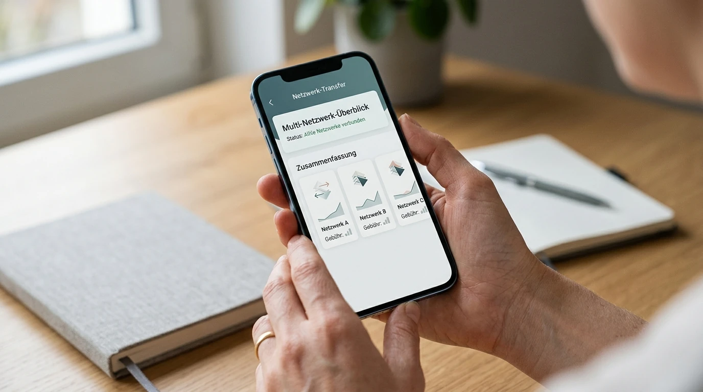 Hand mit Smartphone vor einer ruhigen Netzwerk-Übersicht ohne Markenlogos