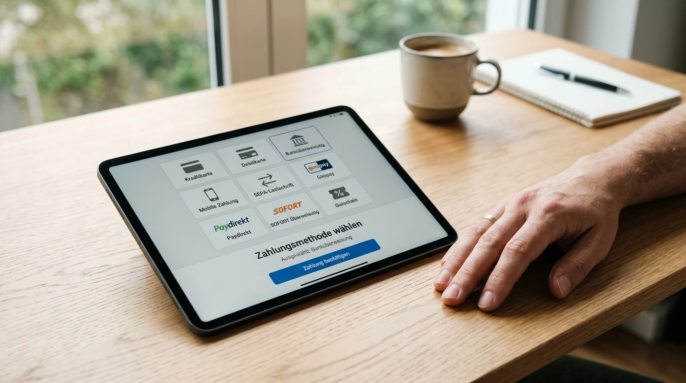 Verschiedene digitale Zahlungswege nebeneinander auf einem Tablet
