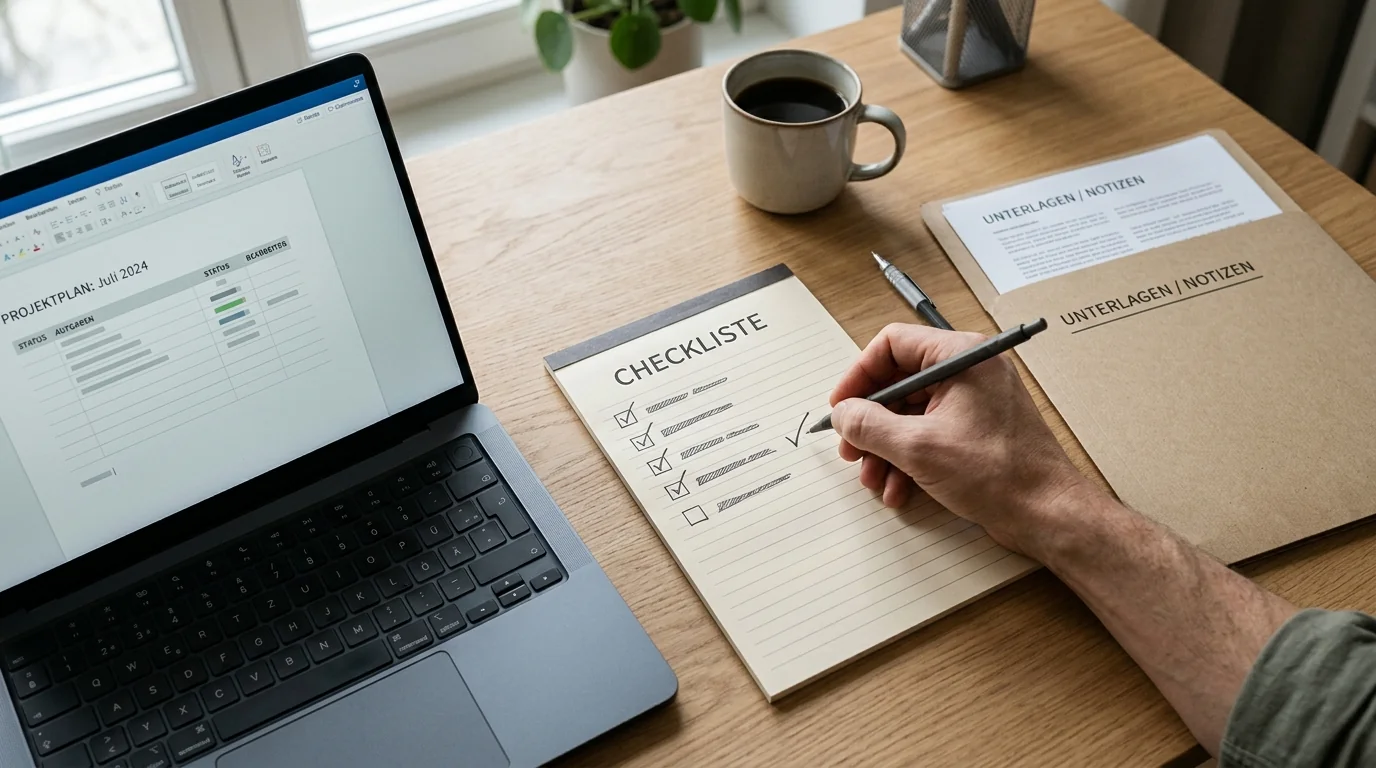 Handschriftliche Checkliste mit neutralen Symbolen für Betreiber Lizenz Domain und Auszahlung