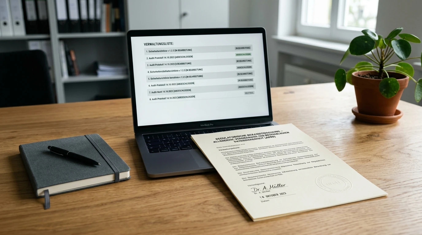 Amtliches Dokument mit Siegel neben Laptop mit Zahlungsübersicht