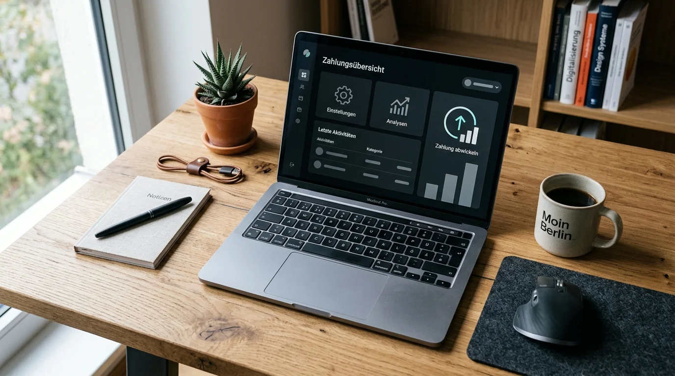 Abstrakte Zahlungssymbole neben einem Laptop ohne erkennbare Markenlogos