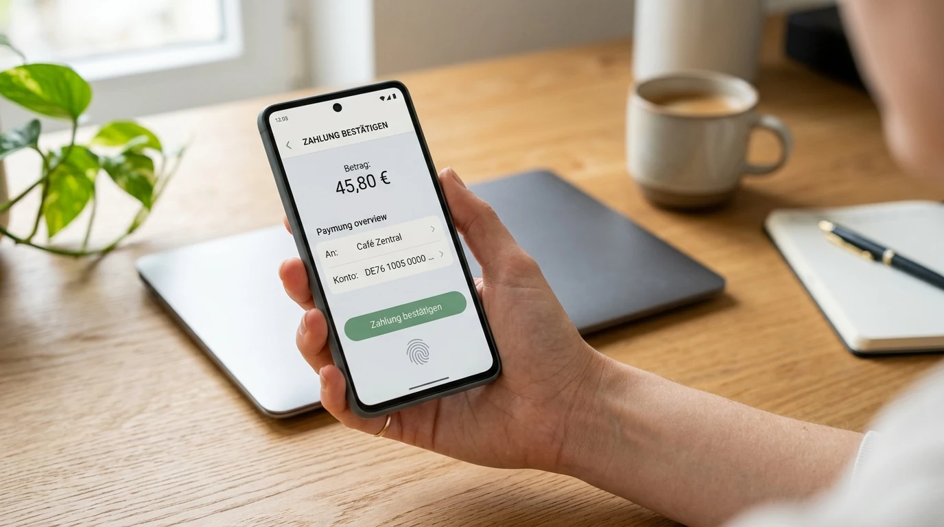 Smartphone mit neutraler Zahlungs-App als Symbol für Auszahlung im Echtgeld-Casino