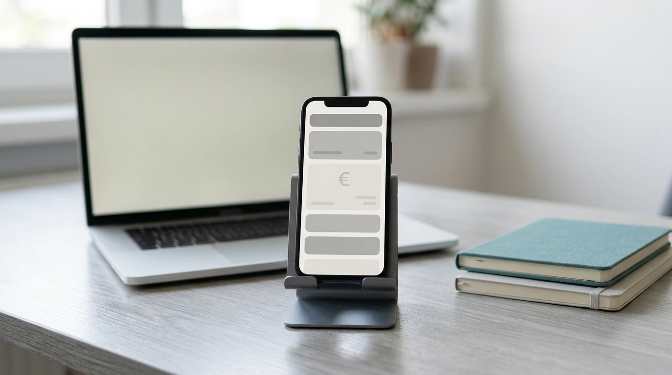 Smartphone mit neutraler Wallet-Oberfläche und Euro-Zeichen neben einem Laptop auf dem Tisch
